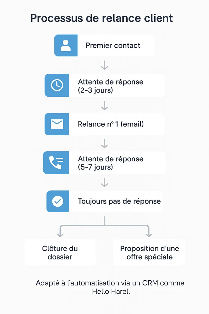 Processus de relance client, du premier contact à la clôture du dossier ou à une offre spéciale